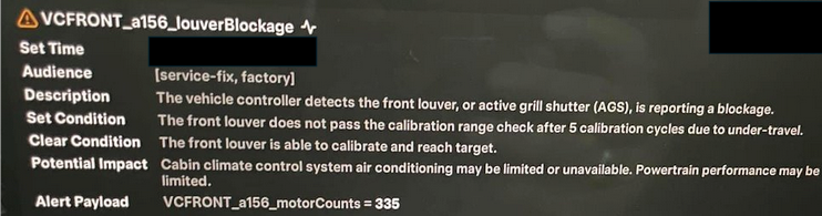 Tesla "VCFRONT_a156_louverBlockage" alert clear