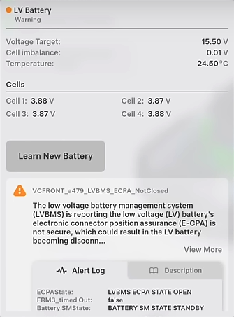 Tesla "VCFRONT_a479_LVBMS_ECPA_NotClosed" alert clear