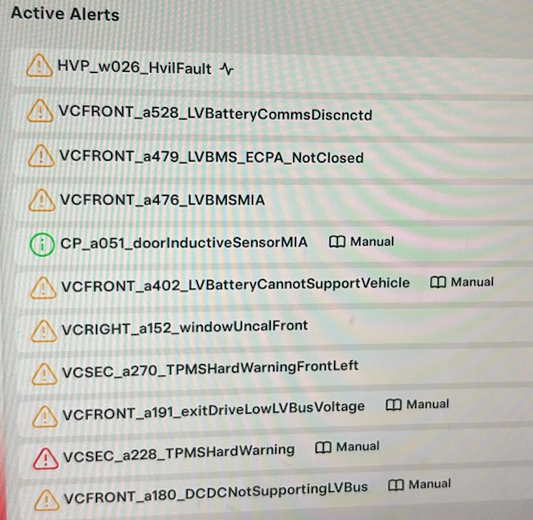 VCFRONT_a402_LVBatteryCannotSupportVehicle alert clear Tesla