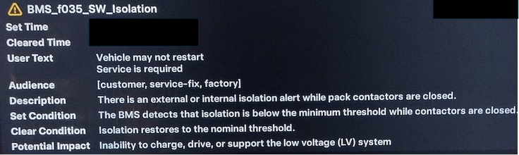 Tesla "BMS_w035" alert clear