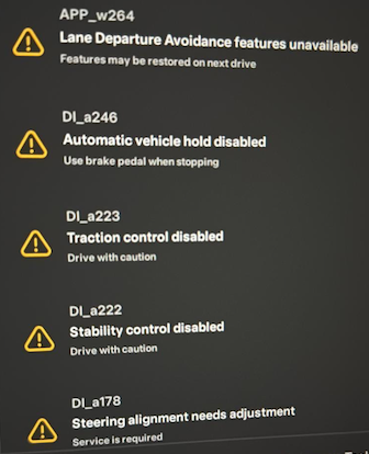Tesla multiple Safety Features Disabled alerts