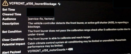 Tesla "VCFRONT_a156_louverBlockage" alert clear