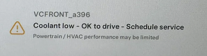 Remote diagnosis and fix Tesla "VCFRONT_a396 Coolant low OK to drive Schedule service"