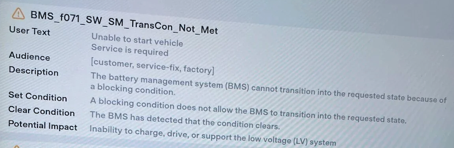 Tesla BMS_f071_SW_SM_TransCon_Not_Met Unable to start vehicle How to reset