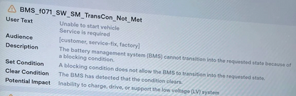 Tesla BMS_f071_SW_SM_TransCon_Not_Met Unable to start vehicle How to reset