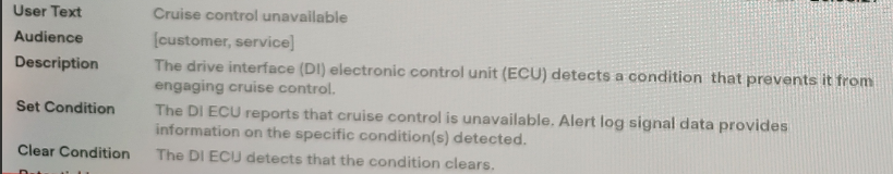 Tesla "Cruise control unavailable" alert clear