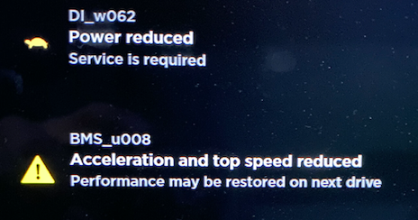 Tesla "DI_w062_systemLimpMode" alert clear (DI_w062 Power reduced)