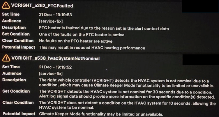 Tesla "VCRIGHT_a262" alert clear